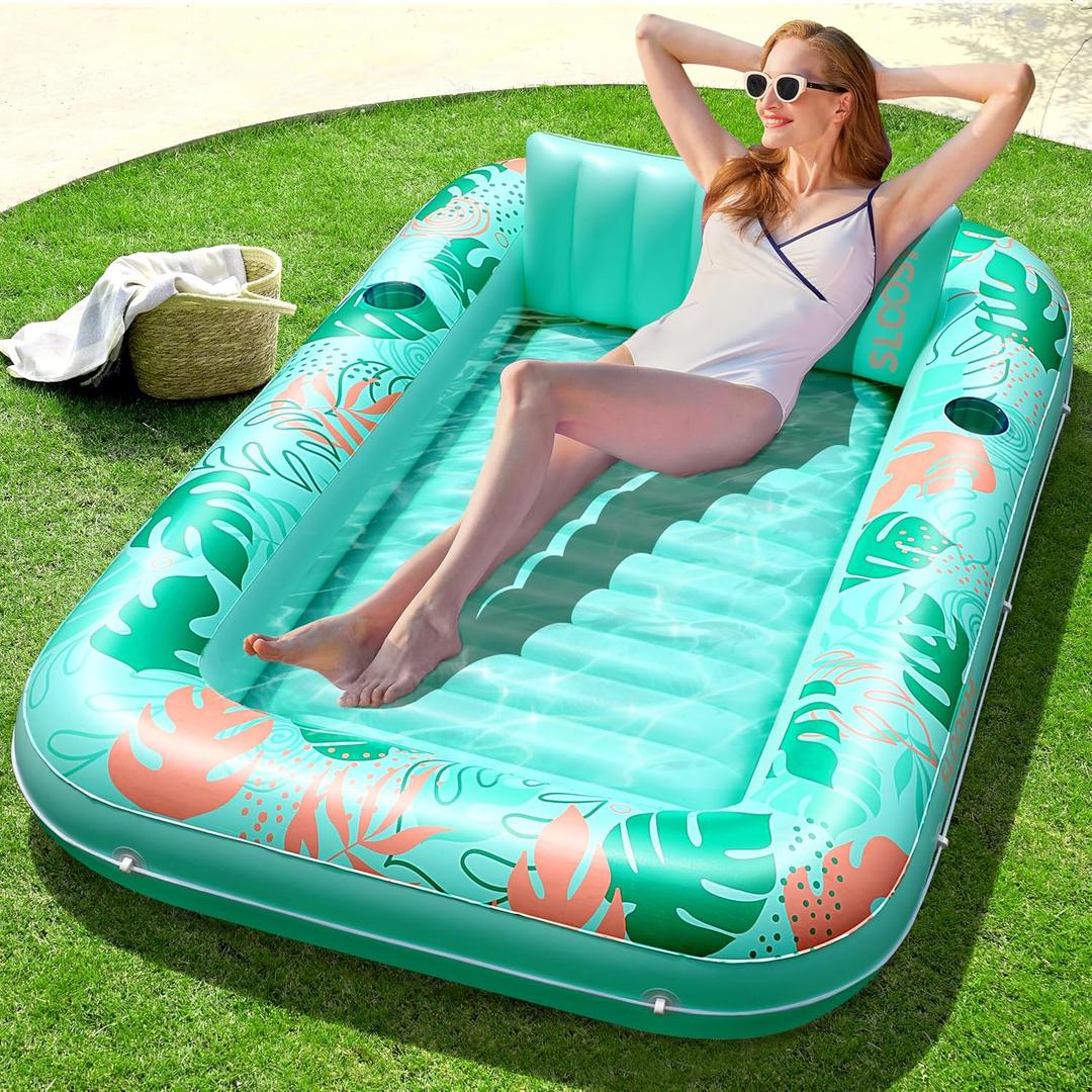 SLOOSH Inflatable Tanning Pool Lounger Float, 70" x 46" Pool Floats Adult with Pillow, 4 in 1 Suntan Tub Raft Floatie, Sunbathing Bed Lounge for Water Blow Up Kids Ball Pit Party Gifts, L-Aqua Blue