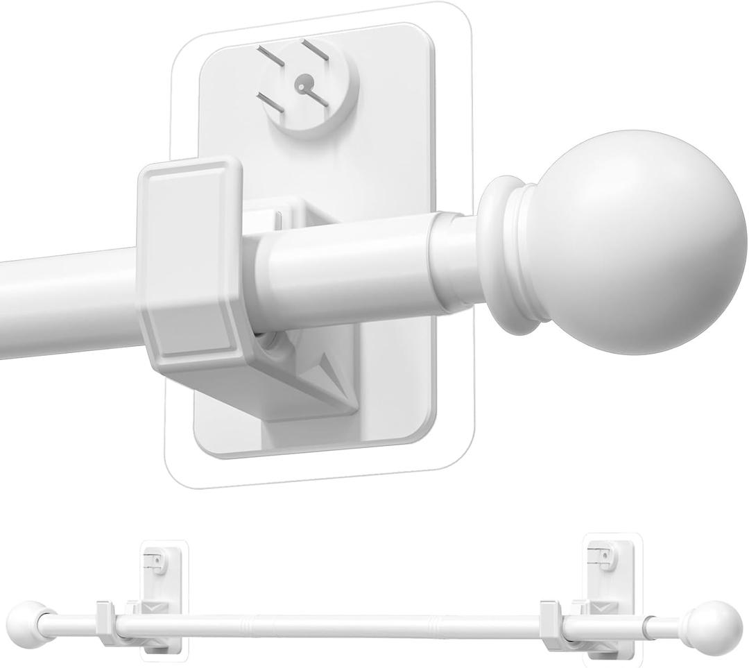 No-Drill Curtain Rod with Adhesive & Pin-Nail Mount System - Renter Friendly & Minimal Wall Damage, 5/8" Diameter White Adjustable Rod for Windows 28 to 48 Inch