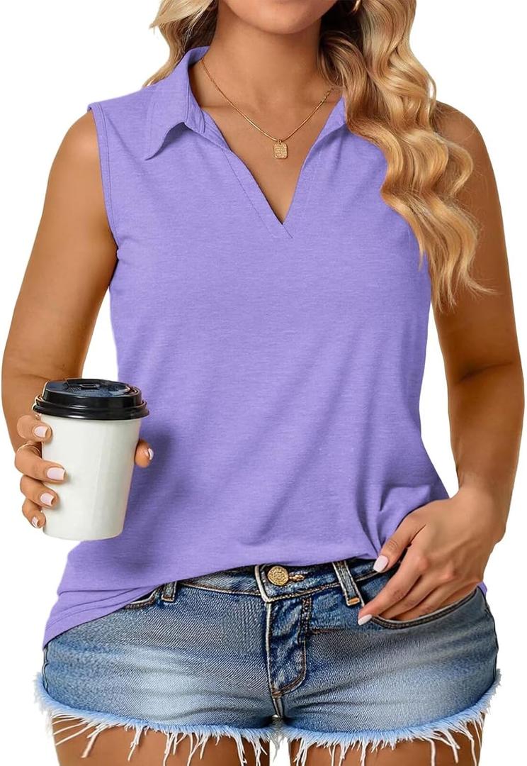 VOGRACE Plus-Size-Tank-Tops for Women Summer Collared V Neck Tunics Casual Flowy Sleeveless Polo Shirts Dressy Work Blouses (4X-Large, 05_purple)