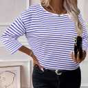 LilyCoco 3/4 Length Sleeve Womens Tops Boat Neck Striped Shirt Long Cotton Tshirts Blue Small (Blue, S)
