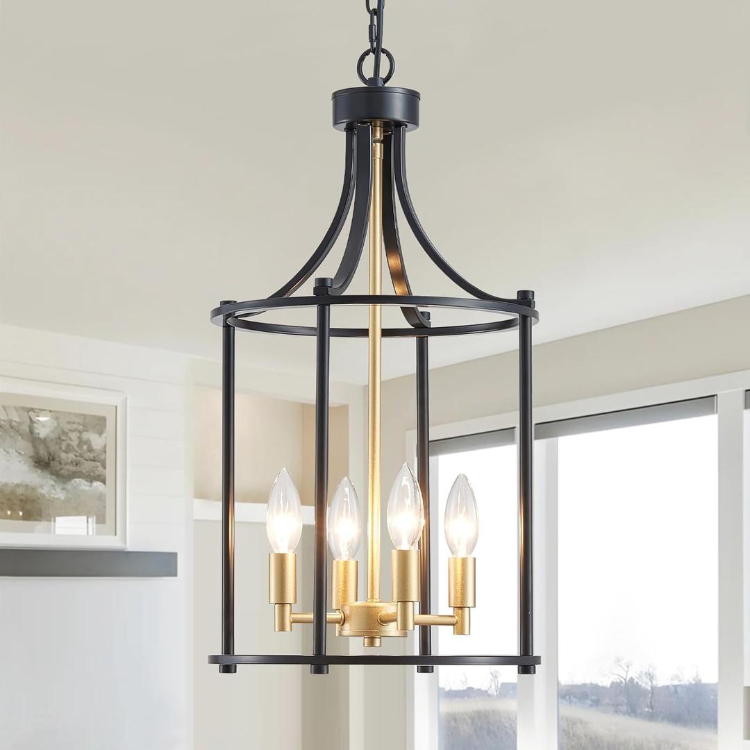 XINGQI Lantern Pendant Light Modern Geometric Hanging Chandelier Black and Gold 4 Lights Adjustable Height Cage Pendant Lighting Fixture for Kitchen Entryway Hallway Foyer