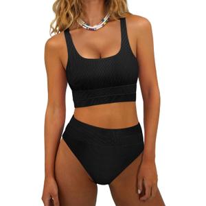 ANRABESS Bikini Sets for Women Summer 2026 High Waisted 2 Piece Bathing Suit Tummy Control Swimsuit Color Block Swimwear (Large, Black)