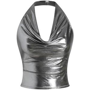 SOLY HUX Women's Halter Crop Tops Y2k Metallic Cowl Neck Open Back Concert Going Out Top Streetwear Size Large