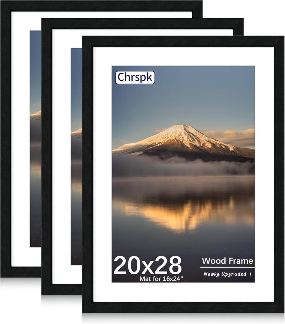 20X28 Poster Frame, Display Pictures 16X24 with Mat or 20X28 Without, Wall Hanging Frames, Black, 3 Pack