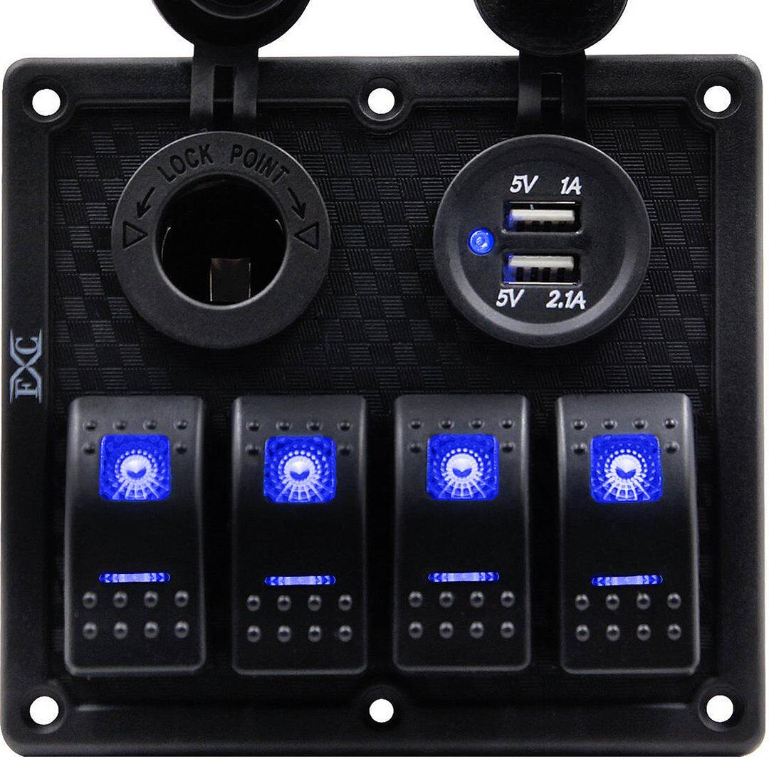 FXC Waterproof Marine Boat Rocker Switch Panel 4 Gang with Dual USB Slot Socket + Cigarette Lighter LED Light for Car Rv Vehicles Truck (4 Gang Blue Light)