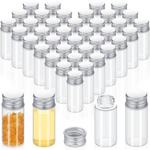 Didaey 50 Pcs Small Clear Vials Spice Mini Jars with Lids Mini Glass Bottles with Screw Aluminum Metal Caps Tiny Jars Sample Containers for Powder Cream Cosmetic Jewelry Wedding (10 ml,Silver Caps)