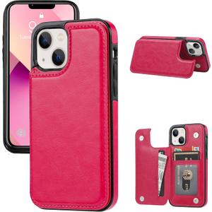 Wallet Case Compatible with iPhone 13,Slim Protective case with Card Holder,Premium PU Leather Kickstand Card Slots Case with a Screen Protective Glass for iPhone 13(6.1")-Rose Red