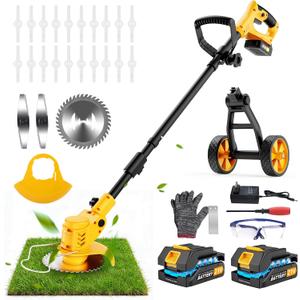 Electric Weed Wacker Cordless, Electric String Trimmerwith 3 Types Blades & Removable Auxiliary Wheels, BrushCutter & Grass Trimmer & Lawn Edger with for Garden Yard