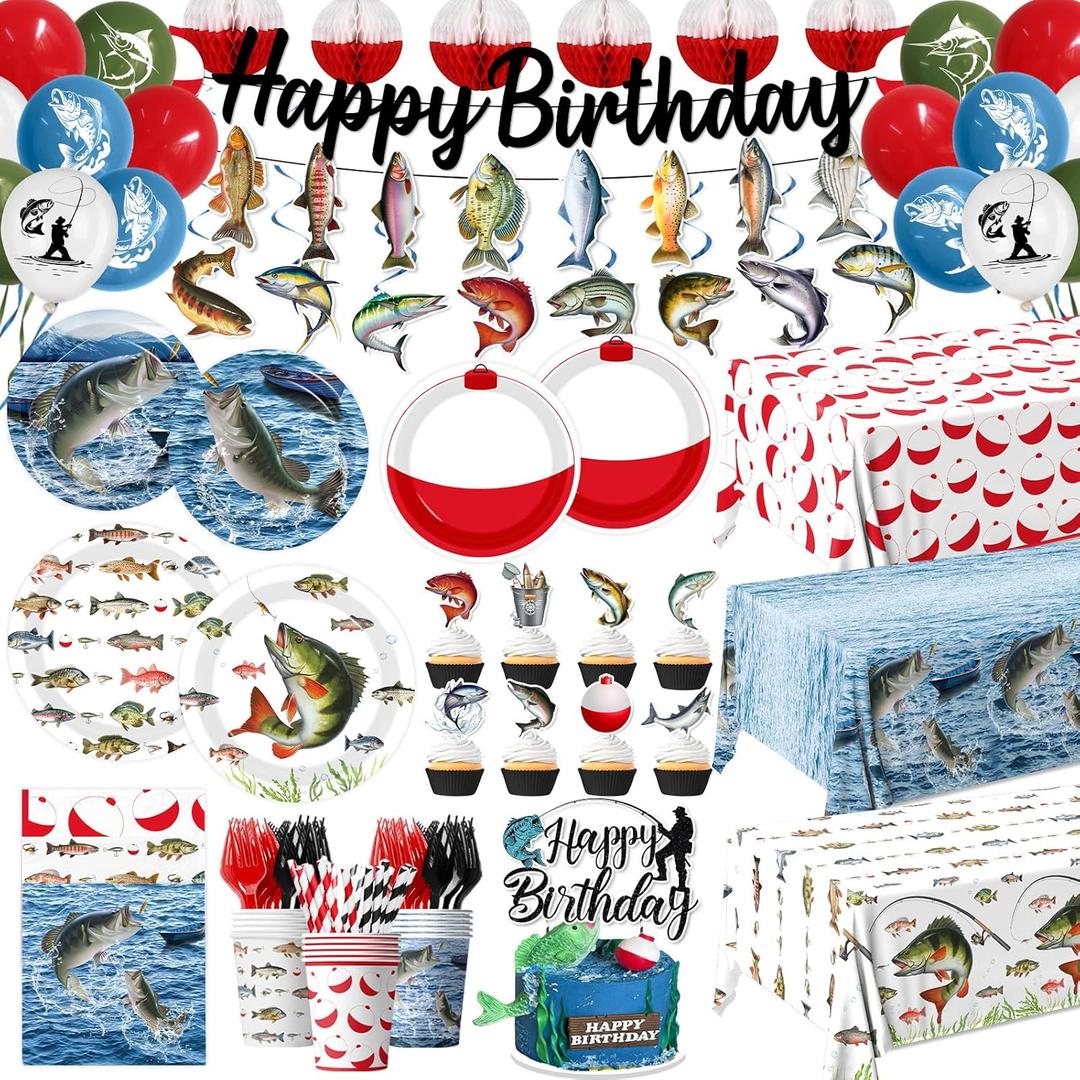 Fishing Birthday Party Decorations, All-in-1 Fishing Party Decorations with Balloons Fish Plates Napkins Cake Toppers Honeycombs Tablecloths and Banner Ofishally One Birthday Decorations, Serve 24