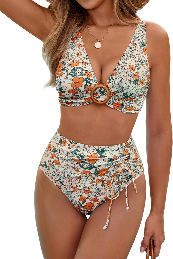 BMJL Womens High Waisted Bikini Sets Floral Two Piece Swimsuits V Neck Tummy Control Bathing Suits (Medium)