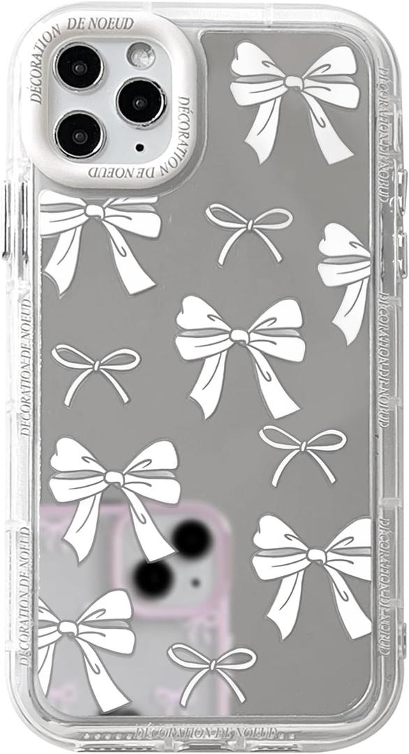 NITITOP Compatible with iPhone 11 Pro Max Case Mirror Cute Silk Ribbon Bow Knot Pattern for Girls Women Bowknot Ultra Slim with Bumper Protector Soft TPU Silver Protective Cover - White