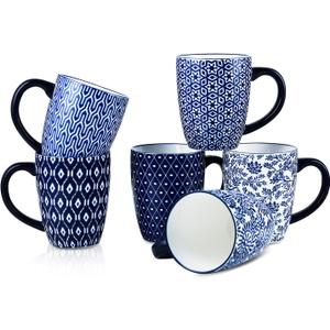 Selamica 16 oz Ceramic Coffee Mugs Set of 6, Ceramic Tea Cup with Handle, Dishwasher oven microwave safe, Vintage Blue