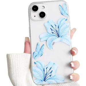 NITITOP Compatible with iPhone 13 Case Clear Cute Butterfly Lily Flower Floral Pattern for Women Girls Full Camera Lens Clear Slim Shockproof Protective Phone Cover - Blue