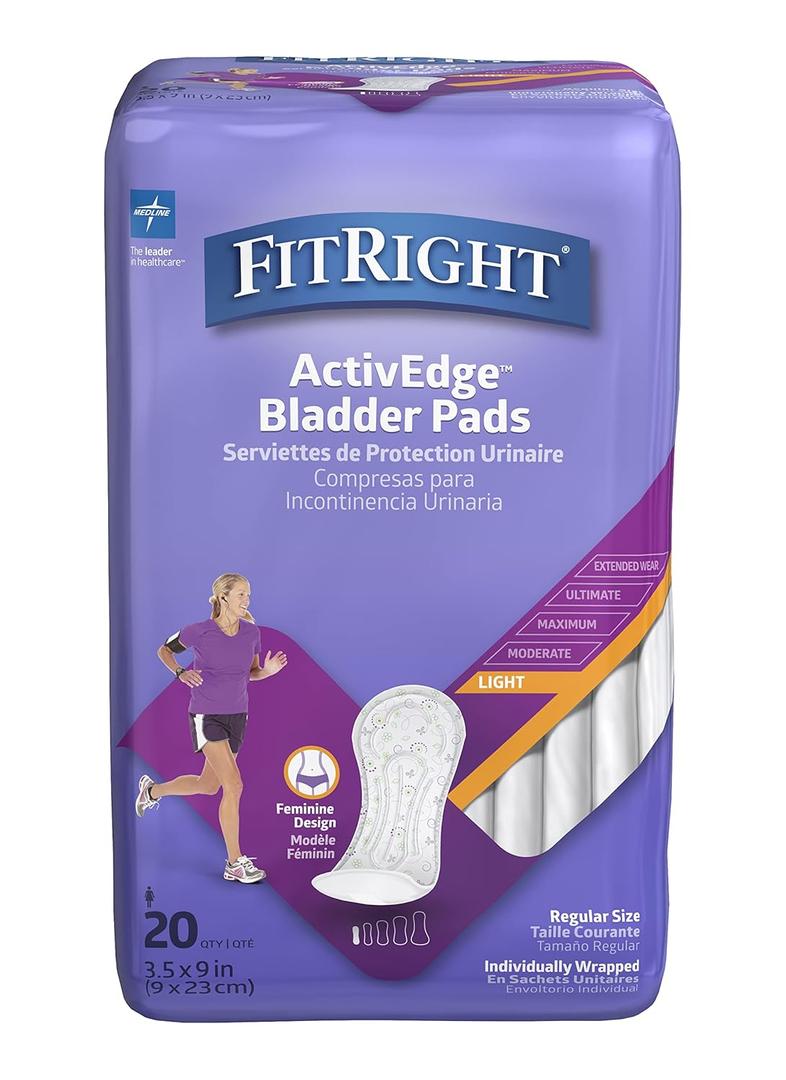 FitRight Incontinence Bladder Control Pads, Light Absorbency, 3.5" x 9", 20 Count (Pack of 12)