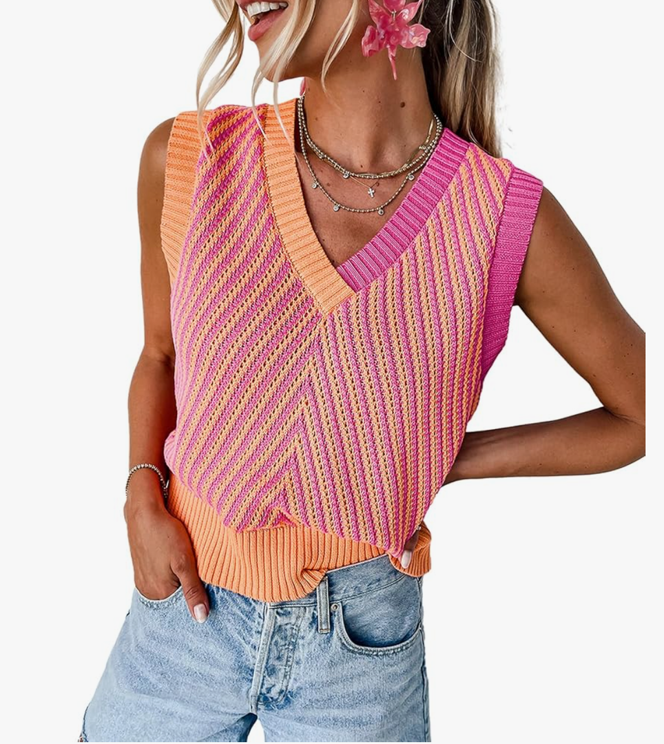 MARZXIN Women Sleeveless Sweater V Neck Casual 2025 Knitted Chevron V Neck Sweater Vest Color Block Pullover Sweater Top, Size Small