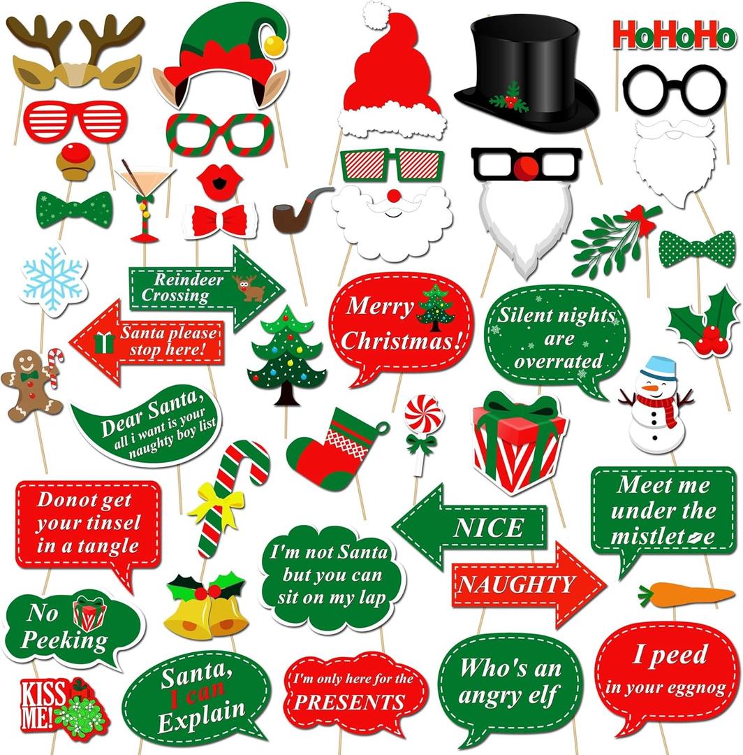 Christmas Photo Booth Props Kit(47Pcs), Konsait DIY Christmas Photo Booth with Stick Funny Xmas Selfie Props Accessories for Adults Kids for Christmas Theme Party Favors Decorations Decor Supplies