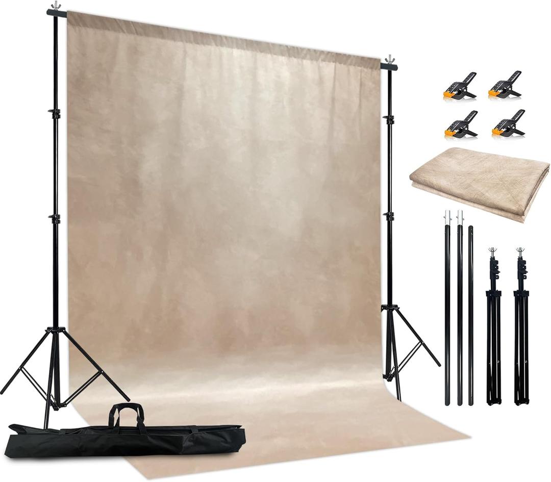 2-in-1 Abstract Photography Backdrop Stand Kit - 6.5x6.5 ft Portable Dual Rod Stand with 6x8 ft Polyester Fabric Backdrop for Portraits and Photo Props - Roller Pocket Design6x8ft,Beige