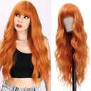 Vomella Orange Wig With Bangs Ginger Wig 26 Inch Long Curly Wavy Orange Hair Wigs for Women Natural Looking Synthetic Heat Resistant Halloween Wigs for Daily Party Use (232C)