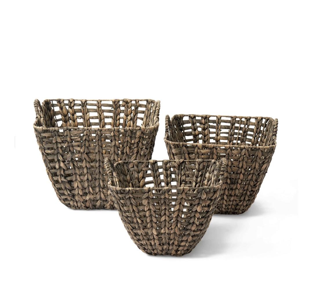 Artera Natural Wicker Large Storage Basket, Set Of 3, Woven Water Hyacinth Blanket Basket With Handles For Storage, Decoration, Organizing