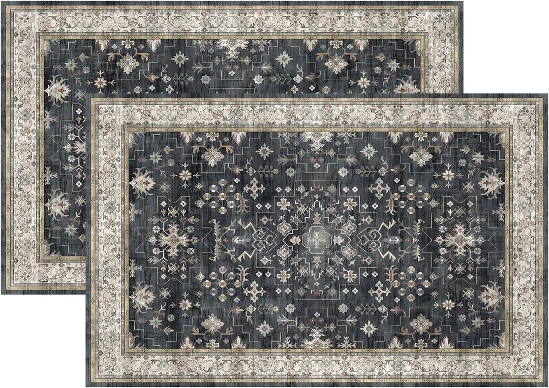 2 Pcs Black Boho Washable Entry Rug, 18" x 30"Small Rugs for Entryway Kitchen Bathroom Door Mat Indoor Entrance, Non Slip Rubber Backing, Stain & Fade Resistant, Ashen Charcoal Floral Design(Ashen)
