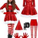 SOMSOC Women Santa Claus Costume Red Velvet Sequin Santa Dress with Belt Hat Striped Tights Gloves Santa Outfit for Christmas (Small)