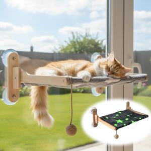 3 Pcs Cat Window Perch with Wooden Frame, Glow in The Dark Foldable Cat Hammock Bed with Toy for Indoor Cats, Washable, Strong Suction Cups, No Drilling, Supports Large Cats