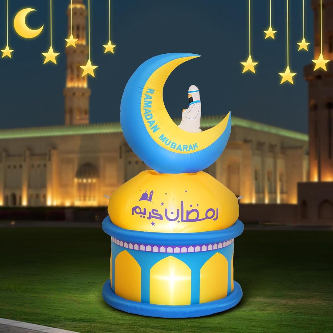 Lewondr 4.9FT Outdoor Inflatable Moon Decorations, Rotating Inflatable Moon Eid Mubarak Decor, Blow Up Muslim Holy Ramadan Celebration Decor with LED Lights, Outdoor Holidays Inflatables for Yard