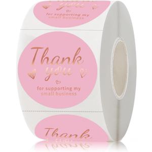 500 PCS Pink and Rose Gold Thank You Sticker, 1.5 Inch Thank You for Supporting My Small Business Stickers, for Greeting Cards, Flower Bouquets, Gift Wraps