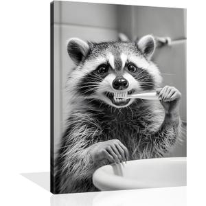 OWNANRTHM Raccoon Bathroom Canvas Wall Art Funny Animals Bathroom Pictures Raccoon Brushing Teeth Bathroom Painting Black and White Animals Bathroom Poster for Bathroom Restroom Wall Framed 12X16 inch (16L" x 12W")