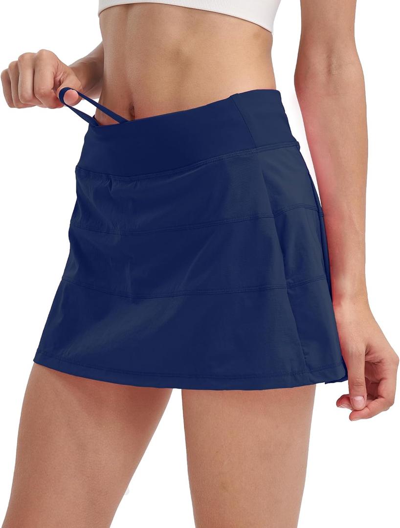 Women's High Waisted Pleated Tennis Skirt with Pockets Athletic Golf Skorts for Running Workout Casual Built-in Shorts,Navy L