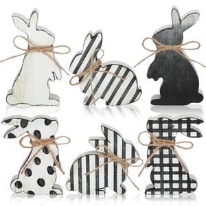 Bememo 6 Pcs Easter Bunny Table Decor Black and White Bunny Decor Spring Wooden Rabbit Signs Rustic Rabbit Ornament with Ropes for Farmhouse Party Easter Gifts Home Tiered Tray Decorations