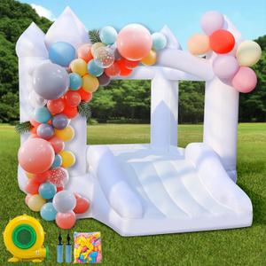 White Bounce House for Kids: Portable Inflatable Bouncy House with Blower for Indoor Outdoor Birthday Party, Wedding - Small Bouncy Castle with Slide and Storage Bag for Kids 3-6