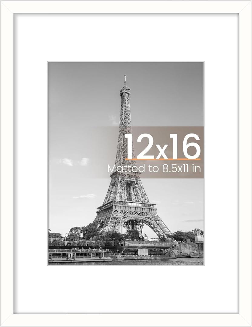upsimples 12x16 Picture Frame, Display Pictures 8.5x11 with Mat or 12x16 Without Mat, Wall Hanging Photo Frame, White, 1 Pack