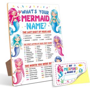 Mermaid Decorations for Birthday Party Game, What is Your Mermaid Name,68 Wooden Play Sign with Stand and 30 Name Stickers Set