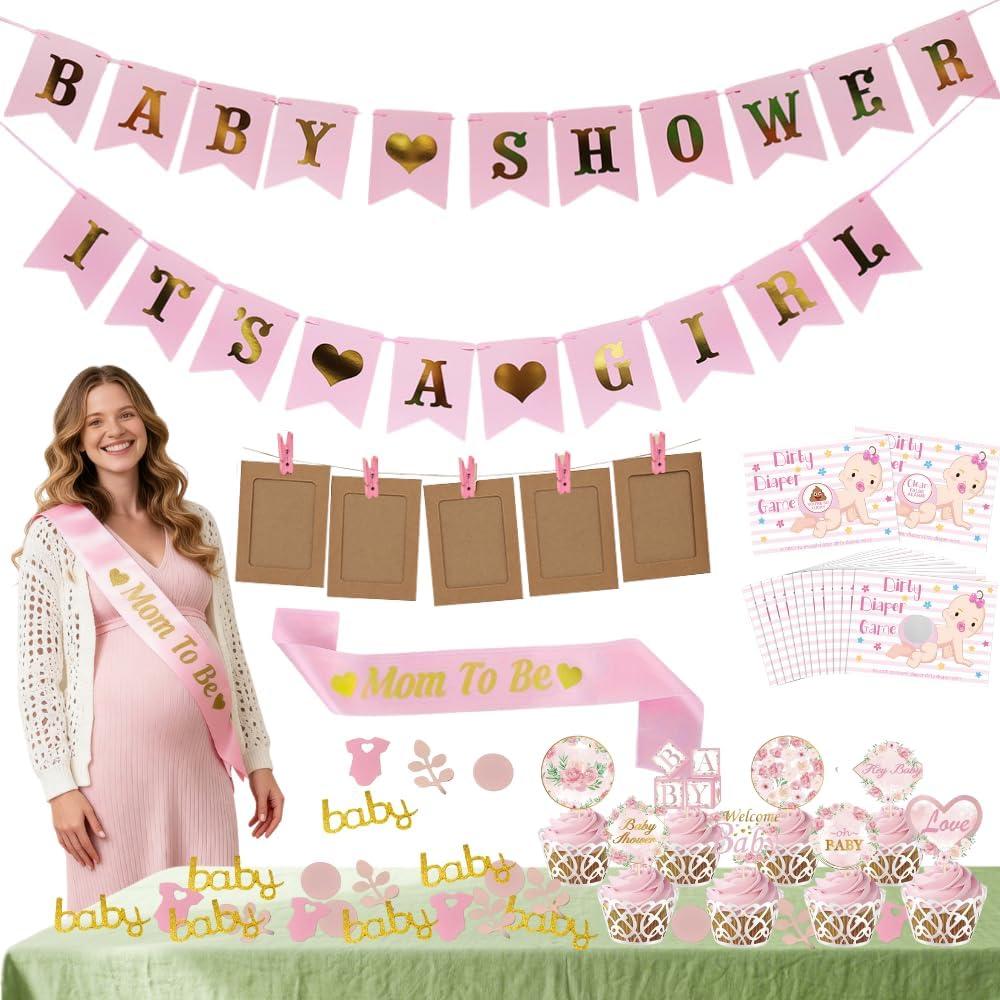 Girl Baby Shower Decorations Gender Reveal Party Supplies SetPink Welcome Baby BannerBodysuit Scatter DecorationsCake ToppersMom to Be SashBaby Shower Scratch Off Poop GamePaper Photo Frames
