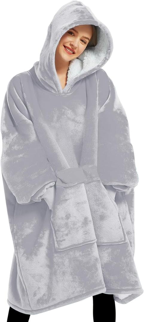 Lzzidou Oversized Blanket Hoodie for Women, Two Layers Cozy Flannel Sherpa Wearable Blanket Sweatshirt Adult (Light Grey)