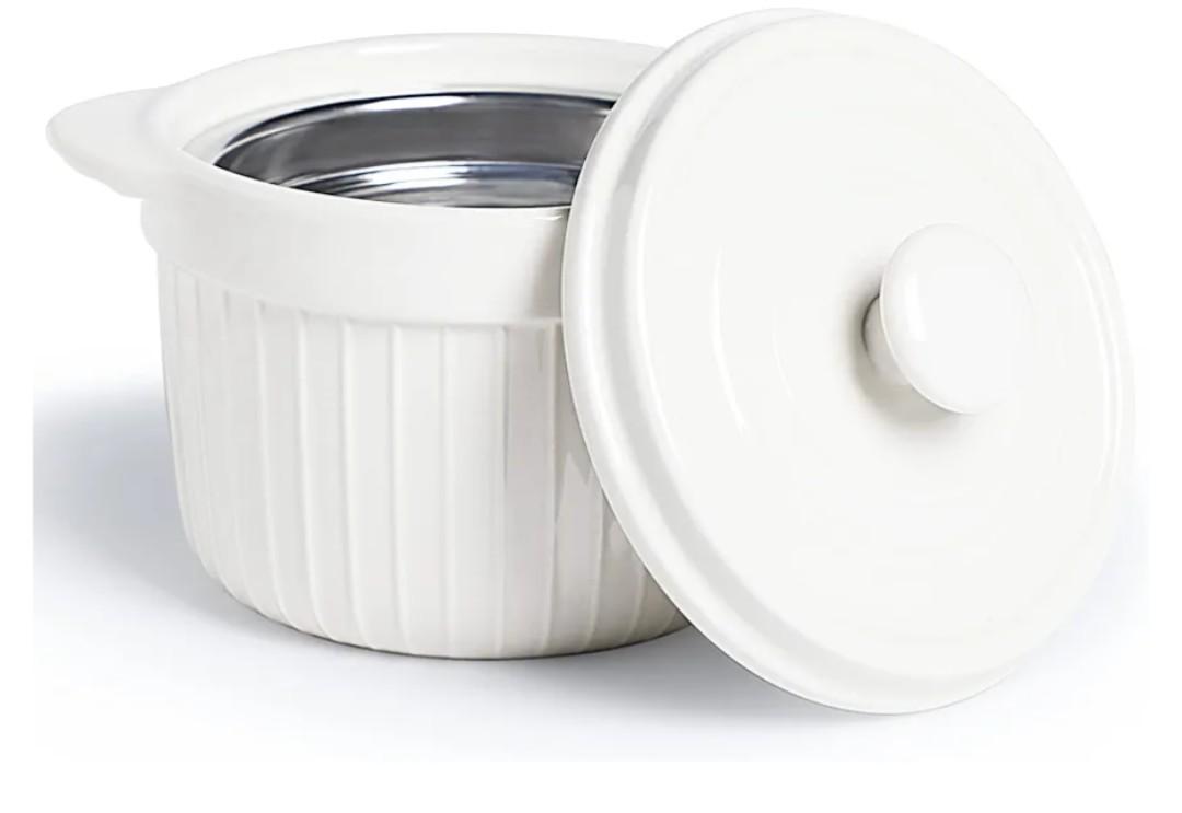 ONTUBE Ceramic Bacon Grease Container Keeper with Strainer, Frying Oil Storage Can, White