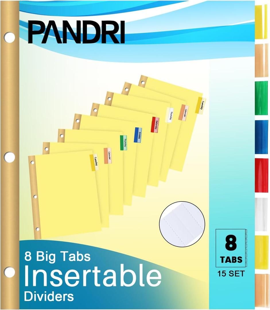 Binder Divider, PANDRI 120 Pack Binder Index Dividers with 8 Insertable Multicolor Big Tabs, Letter Size Paper Binder Divider for School Office Home Business (120pack)