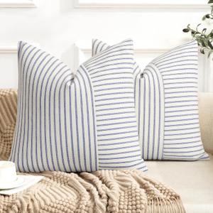 YCOLL Farmhouse Pillow Covers 18x18, Modern Accent Square Throw Pillow Covers Set of 2, Blue and Beige Striped Patchwork Linen Decorative Pillows Cushion Covers for Couch Chair Bedroom Home Decor