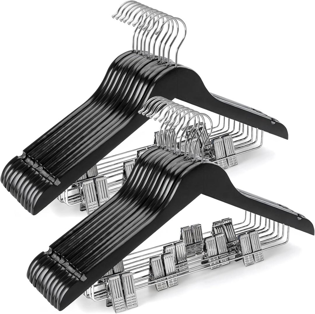 TOPIA HANGER Wooden Suit Hangers with Adjustable Metal Clips (20 Pack), Solid Wood Coat Hangers, 360° Swivel Hook, Premium Clothes Hangers for Jacket, Pant, Jeans, Blouse-Black, CT28B20