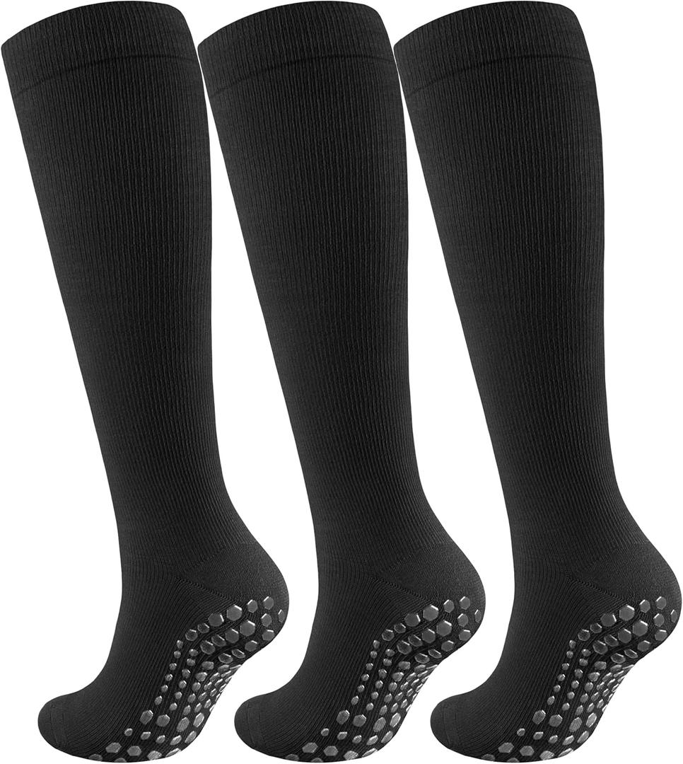 Cotton Compression Socks Women&Men with Grips Non Slip 15-20mmHg Knee High Graduated Sock for Nurse, Pregnancy, Yoga (Large-X-Large, 03-3 Pairs-black)