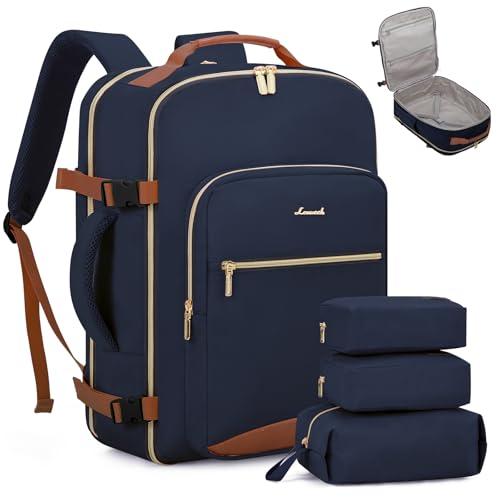 LOVEVOOK Travel Backpack for Women & Men 40L,Airline Approved Carry On Backpack Travel Essentials,TSA Carry on Luggage,Waterproof Personal Item Travel Bag,Suitcase with 3 Packing Cubes,Dark blue-Brown