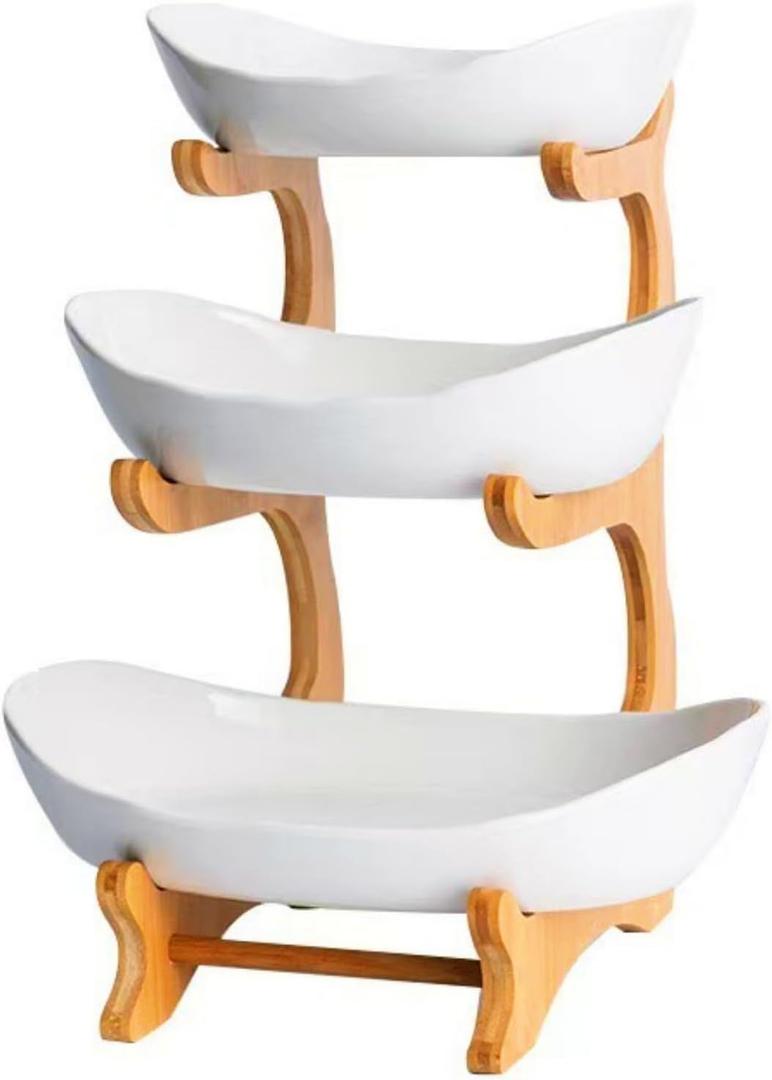 YWHWXB Multi-Layer Fruit Bowl with Natural Bamboo Rack, Plastic Wooden Frame Candy Plate, Large Capacity Snack Bowl Set, Bamboo Food Serving Tray for Kitchen Counter (White, Triple Layer)