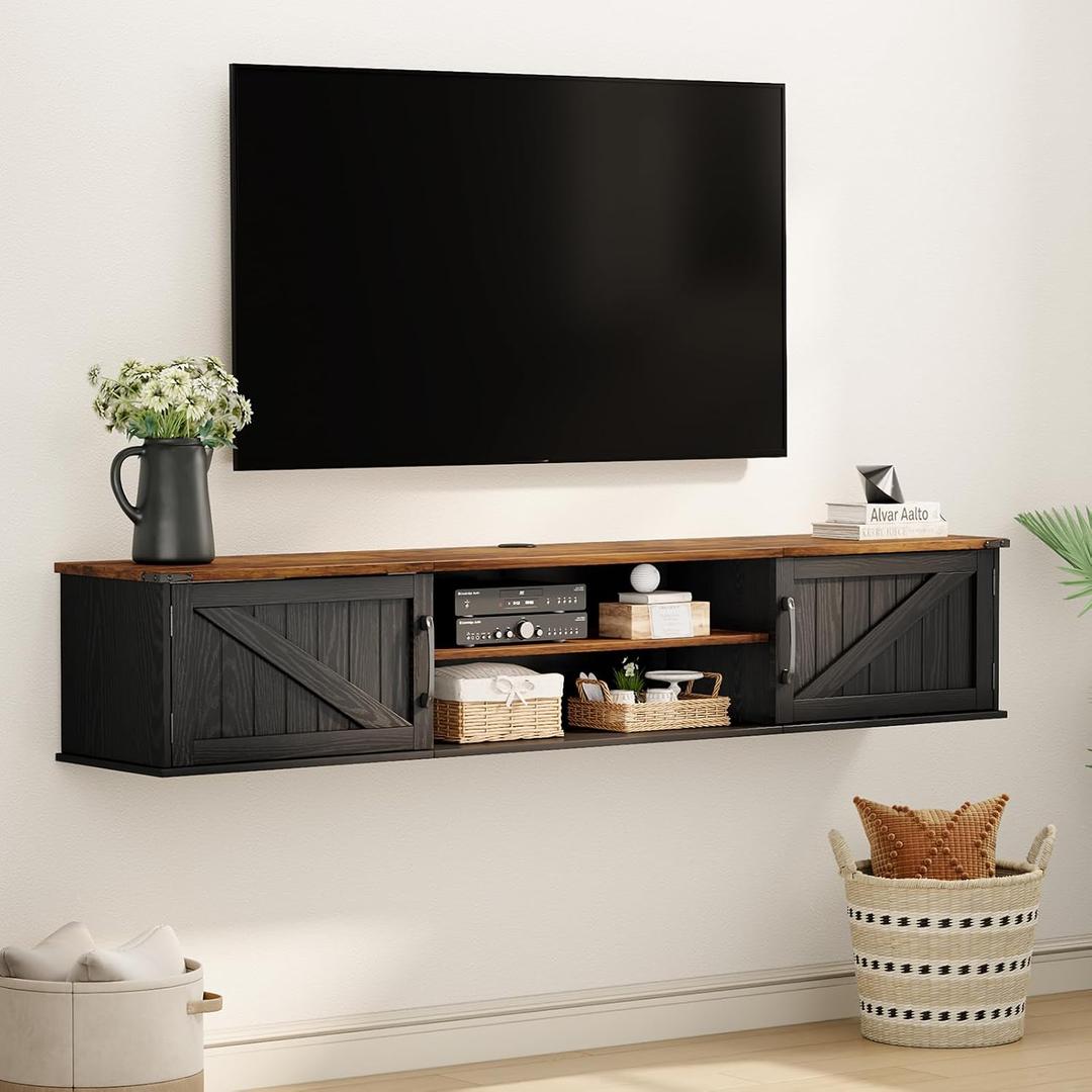 Floating TV Stand with Doors, 63'' Farmhouse Floating TV Shelf for TVs up to 80 Inch, 2 Tier Wall Mounted TV Stand, Floating Entertainment Center, TV Floating Cabinet for Living Room, Bedroom, Black, 63in