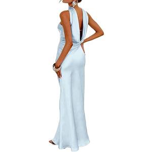 Women's Summer Satin Strapless Tube Top Maxi Dress Elegant Silk Backless Halter Neck Formal Party Dresses Wedding Guest