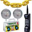 18 Pieces 80s 90s Party Decorations Rainbow Roller Skate Balloons Gold Chain Balloons Inflatable Boombox Radio Mobile Phone 4D Disco Ball Aluminum Film for Adult Hip Hop Themed Decor