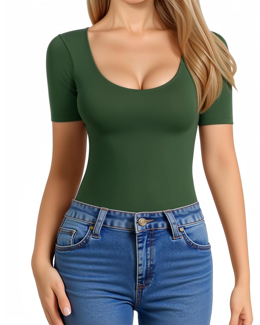MANGOPOP Women's Scoop Neck Slim Fitted Short Sleeve Double Lined T Shirt Tight Basic Tops Y2K Tee Deep Green (Green, XS)