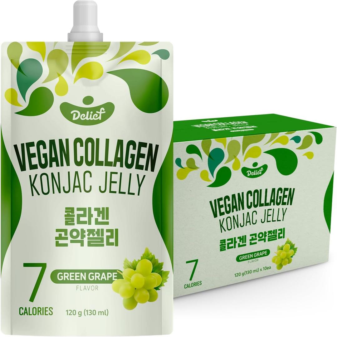 Vegan Collagen Konjac Jelly (Green Grape Flavor) 120g x 10 Packs  Low-Calorie Fruit Gel Snack, Gluten-Free, Plant-Based, 7 kcal per Pouch