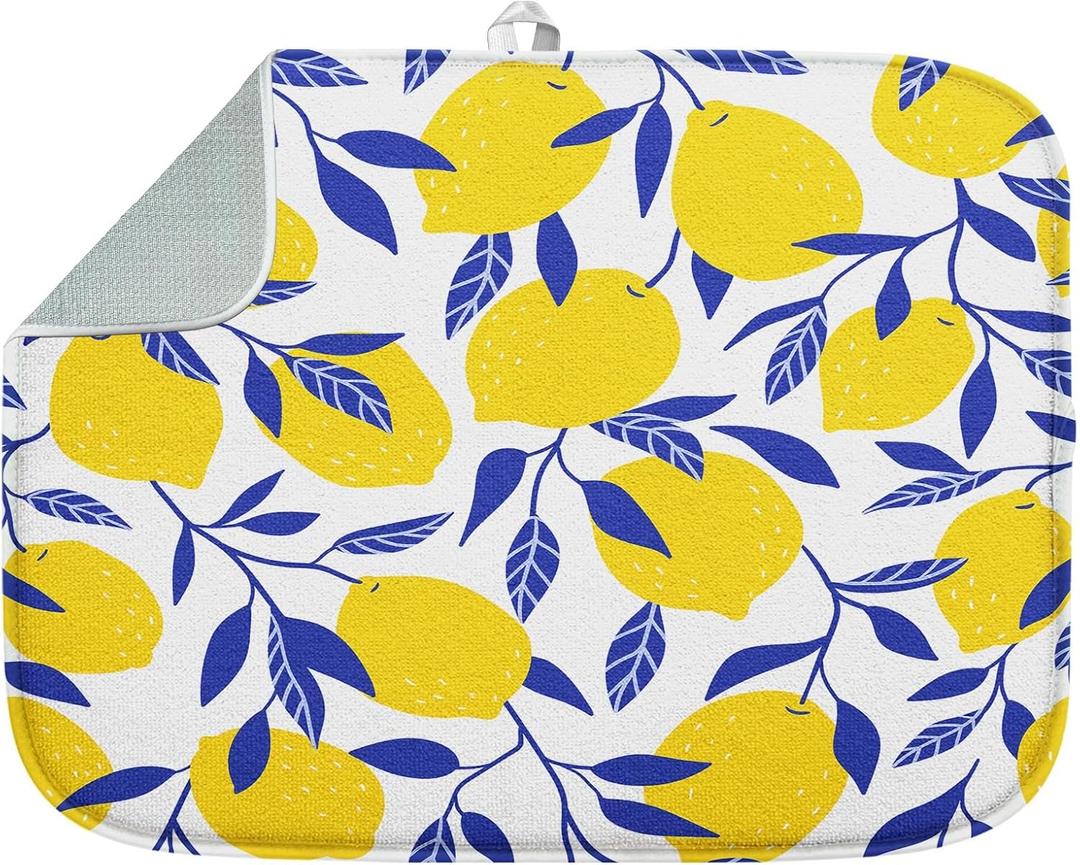 Sanwarm Absorbent Dish Drying Mat, Summer Tropical Yellow Lemons Fruit Microfiber Pad for Kitchen Counter, Coffee Bar Decor, Heat Resistant and Reversible, 16" x 18"