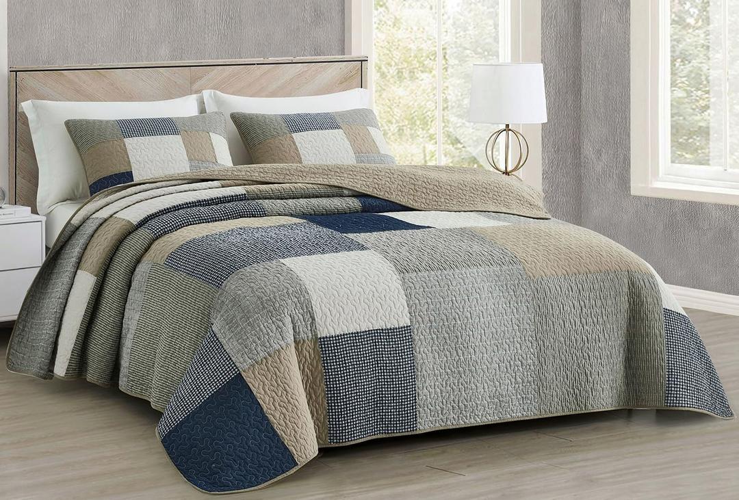 Chezmoi Collection Addy 3-Piece Navy Blue White Gray Taupe Plaid Patchwork Quilt Set - Pre-Washed Cotton Quiltd Lightweight Reversible Bedspread for All Seasons, Oversized King Size